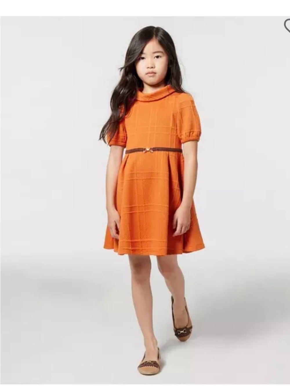 Janie and Jack Rust Quilted Puff Sleeve Jacquard Dress with Brown Belt
